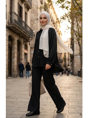 Sefa Merve Bürümcük Kumaş Fırfırlı Tesettür Ikili Takım 13250-06 Siyah