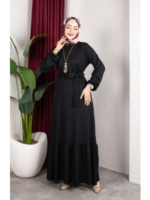 Sefa Merve Bürümcük Kumaş Çizgili Kuşaklı Tesettür Elbise 0908-06 Siyah