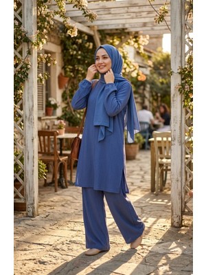Sefa Merve Bürümcük Kumaş Tunik Pantolon Tesettür Ikili Takım 0571-07 Indigo