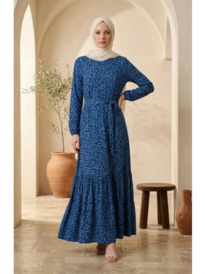 Sefa Merve Bürümcük Kumaş Çiçek Desenli Kuşaklı Tesettür Elbise 0580-05 Saks Mint Yeşili