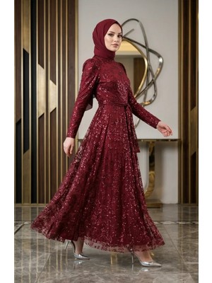 Sefa Merve Simli Kuşaklı Tesettür Abiye Elbise 5808-03 Bordo