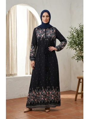 Sefa Merve Viskon Kumaş Çiçek Desenli Tesettür Elbise 0339-03 Lacivert