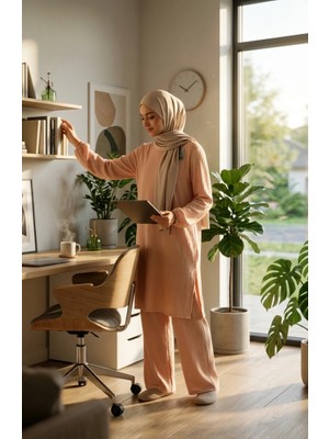 Sefa Merve Bürümcük Kumaş Tunik Pantolon Tesettür Ikili Takım 0571-08 Bej
