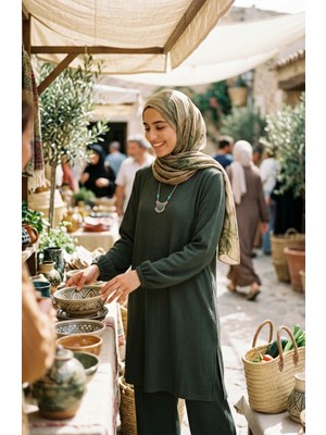 Sefa Merve Bürümcük Kumaş Tunik Pantolon Tesettür Ikili Takım 0571-05 Haki