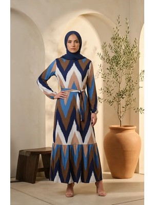 Sefa Merve Bürümcük Kumaş Zikzak Desenli Tesettür Elbise 0580A-01 Indigo Kahverengi