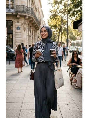 Sefa Merve Viskon Kumaş Leopar Desenli Gömlek 32543-03 Gri