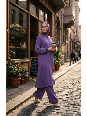 Sefa Merve Aerobin Kumaş Tunik Pantolon Ikili Takım 4142-14 Lila