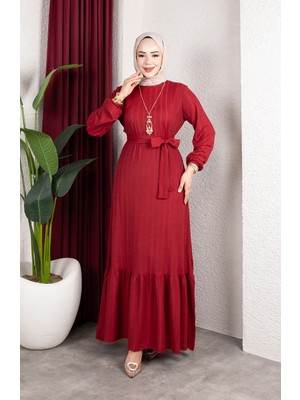 Sefa Merve Bürümcük Kumaş Çizgili Kuşaklı Tesettür Elbise 0908-01 Bordo