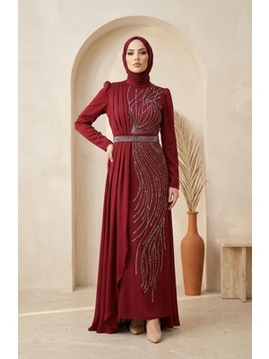 Sefa Merve Saten Taşlı Tesettür Abiye Elbise 5724-01 Bordo