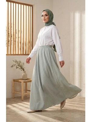 Sefa Merve Viskon Kumaş Beli Lastikli Çizgili Etek 0348-01 Yeşil