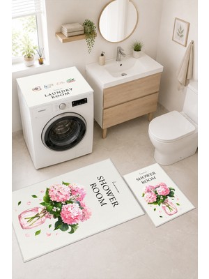 Homenette Modern 3 Parça Banyo Paspas Seti Kaymaz Tabanlı Makinede Yıkanabilir Banyo Halısı Takımı ve Çamaşır Makinesi Matı