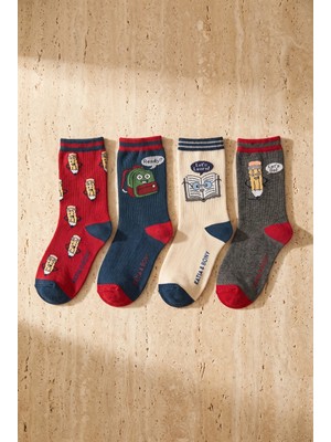 Bony Socks Çocuk 4'lü Okul Desenli Soket Çorap