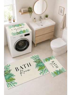 Homenette Modern 3 Parça Banyo Paspas Seti Kaymaz Tabanlı Makinede Yıkanabilir Banyo Halısı Takımı ve Çamaşır Makinesi Matı