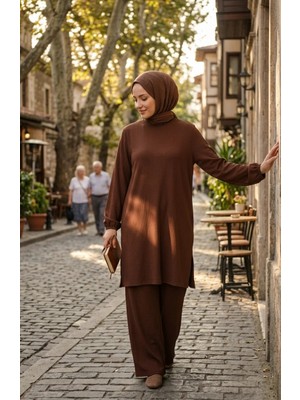 Sefa Merve Bürümcük Kumaş Tunik Pantolon Tesettür Ikili Takım 0571-03 Kahverengi
