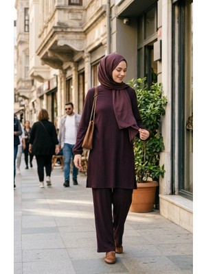 Sefa Merve Bürümcük Kumaş Tunik Pantolon Tesettür Ikili Takım 0571-04 Mürdüm