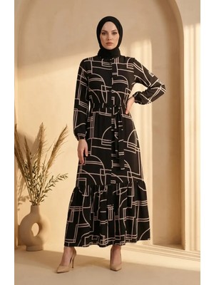 Sefa Merve Modal Kumaş Geometrik Desenli Tesettür Elbise 0346-01 Siyah
