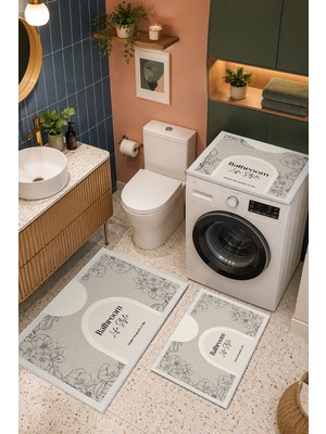 Homenette Modern 3 Parça Banyo Paspas Seti Kaymaz Tabanlı Makinede Yıkanabilir Banyo Halısı Takımı ve Çamaşır Makinesi Matı