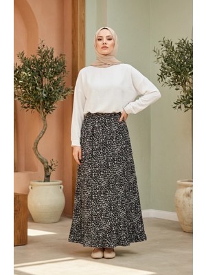 Sefa Merve Beli Lastikli Çiçek Desenli Etek 0304-01 Siyah