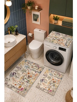 Homenette Modern 3 Parça Banyo Paspas Seti Kaymaz Tabanlı Makinede Yıkanabilir Banyo Halısı Takımı ve Çamaşır Makinesi Matı