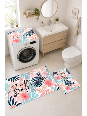 Homenette Modern 3 Parça Banyo Paspas Seti Kaymaz Tabanlı Makinede Yıkanabilir Banyo Halısı Takımı ve Çamaşır Makinesi Matı