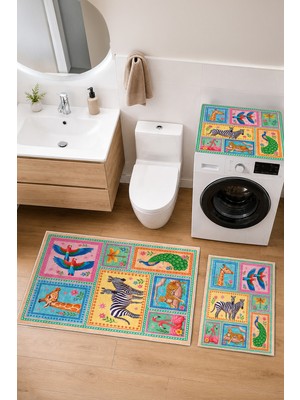 Homenette Modern 3 Parça Banyo Paspas Seti Kaymaz Tabanlı Makinede Yıkanabilir Banyo Halısı Takımı ve Çamaşır Makinesi Matı