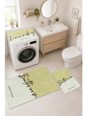 Homenette Modern 3 Parça Banyo Paspas Seti Kaymaz Tabanlı Makinede Yıkanabilir Banyo Halısı Takımı ve Çamaşır Makinesi Matı
