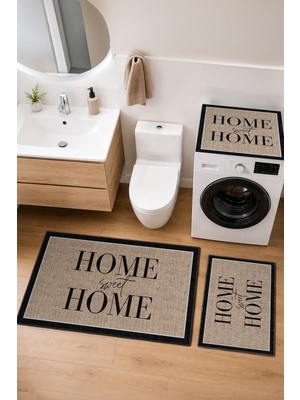 Homenette Modern 3 Parça Banyo Paspas Seti Kaymaz Tabanlı Makinede Yıkanabilir Banyo Halısı Takımı ve Çamaşır Makinesi Matı