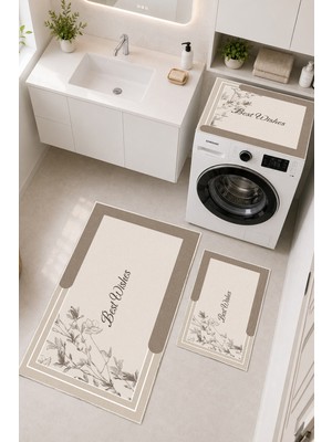 Homenette Modern 3 Parça Banyo Paspas Seti Kaymaz Tabanlı Makinede Yıkanabilir Banyo Halısı Takımı ve Çamaşır Makinesi Matı