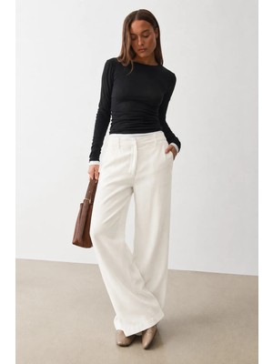 Madmext Beyaz Yüksek Bel Keten Wide Leg Pantolon MG2718