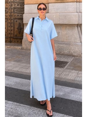 Madmext Bebe Mavisi Modal Kumaş Maxi Gömlek Elbise MG2866