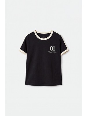 Tommy Life Siyah Omuz Biye Detaylı Baskılı Kız Çocuk T-Shirt - 75181