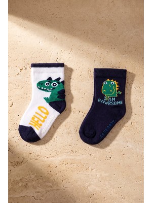 Bony Socks 2 Li Paket Teal Tales Dinozor Bebek Çorap Lacivert/beyaz