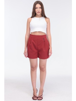 Select Moda Kadın Bordo Yüksek Bel Kumaş Şort