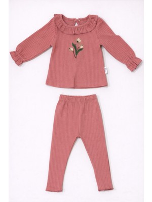 Kız Bebek Düz Çiçek Desenli Uzun Kollu Alt Üst Günlük Takım