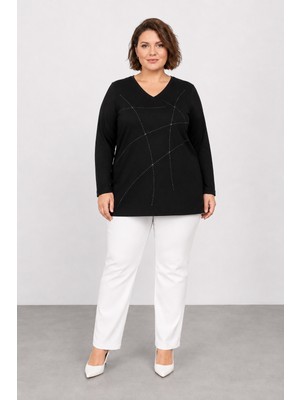 Bihan Store Kadın V Yaka Taş Detaylı Geometrik Desenli Uzun Kollu Bluz Y26-715-SIYAH