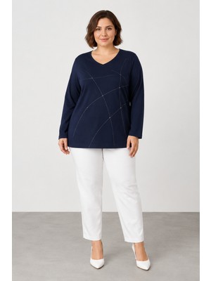 Bihan Store Kadın V Yaka Taş Detaylı Geometrik Desenli Uzun Kollu Bluz Y26-715-LACIVERT
