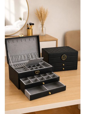 Ecrou Siyah 2 Çekmeceli Takı Mücevher Kutusu Organizer 13 x 23 x 10 cm Şık ve Fonksiyonel