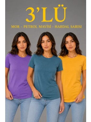 Passense 3’lü Kısa Kollu Bisiklet Yaka Basic Slim Fit T-Shirt - Mor - Petrol Mavisi - Hardal