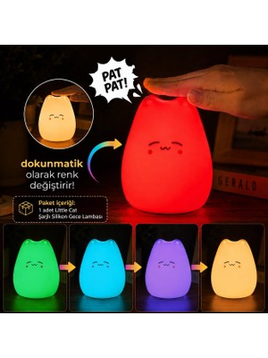 CoverZone Little Cat Şarjlı Silikon Gece Lambası USB Type-C, Dokunmatik Rgb LED Çocuk Gece Lambası, 7 Renk Değiştiren Kedi Masa Lambası, Bebek Odası, Yatak Odası, Dekoratif Ambiyans Işığı | L76