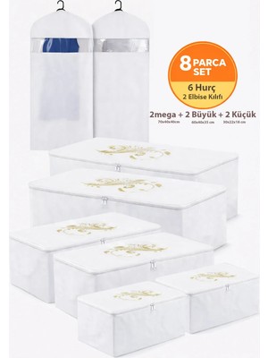 Hurç Organizer Saklama Çantası 2 Mega 2 Büyük 2 Küçük Boy ve Elbise Kılıfı Beyaz Renk 8'li Set