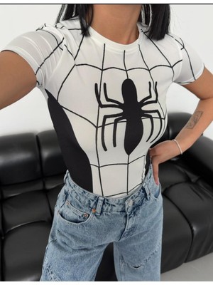 Touz Spider Dijital Baskılı Crop Bluz
