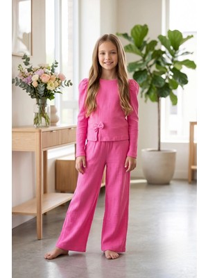 New Kids Kız Takım Çocuk Uzun Kol Pembe Fiyonk Detaylı Kız Takım