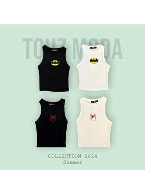 Touz Batman Nakışlı Siyah Halter Yaka Kaşkorse Crop Top