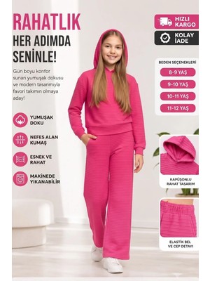 New Kids Kız Takım Çocuk Kapşonlu Uzun Kol Fuşya Detaylı Kız Takım