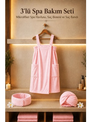 Axxo Pembe 3'lü Spa Bakım Seti - Mikrofiber Terry (Havlu Dokulu) Spa Havlusu, Saç Bonesi ve Saç Bandı