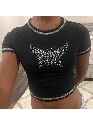 Touz Ters Dikiş Taşlı Butterfly Crop Bluz
