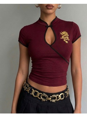 Touz Mandarin Yaka Ejderha Motifli Vintage Qipao Kısa Kollu Crop