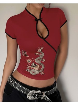 Touz Mandarin Yaka Ejderha Motifli Vintage Qipao Kısa Kollu Crop