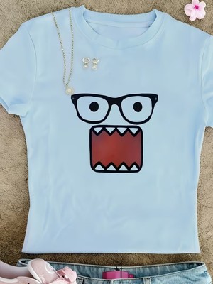 Touz Kemer Boy Domo Kun Wombat Glasses Characters Crop Bluz