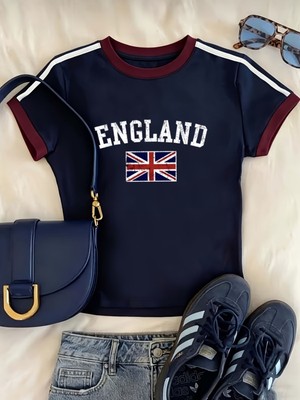 Touz Retro France Sporty Baskılı Crop Bluz
